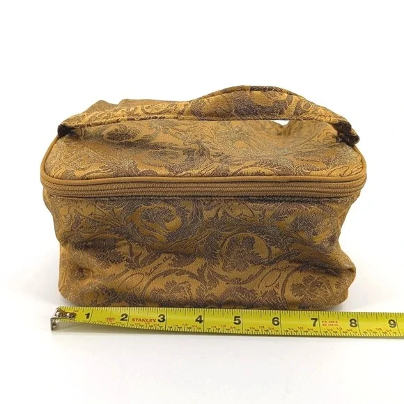 Vintage Oscar de la Renta Gold Brocade Cosmetic Bag Floral Damask Vanity Case - Picture 8 of 11